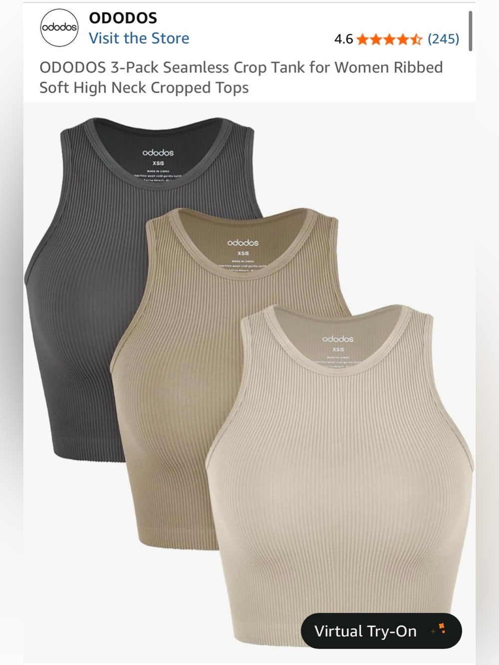Ribbed High Neck Cropped Tank Top – Charcoal, Tan, Beige, Size M-L